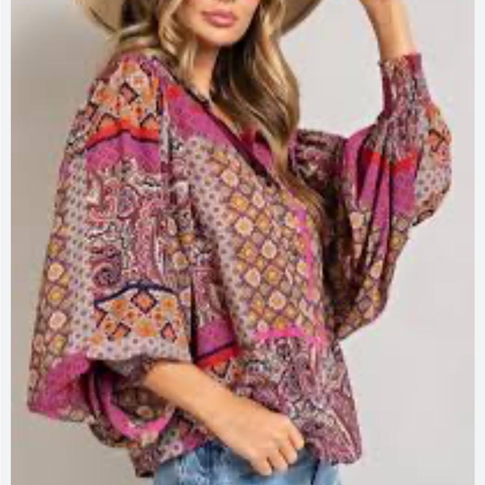 Vici‎ Aakaa Bohemian Patterned Cinch Waist Blouse